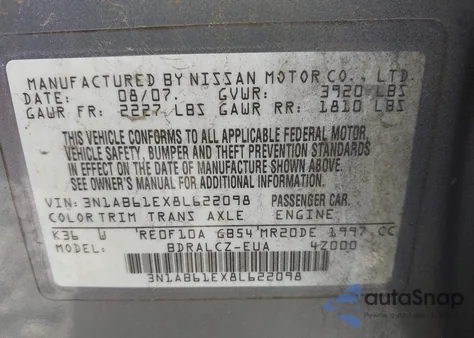 2008 Nissan Sentra 2.0 z USA, uszkodzony, nr VIN 3N1AB61EX8L622098